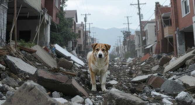 A lonely mixed breed dog stands amidst heavy rubble and collapsed residential buildings on a completely destroyed city street after a severe earthquake disaster