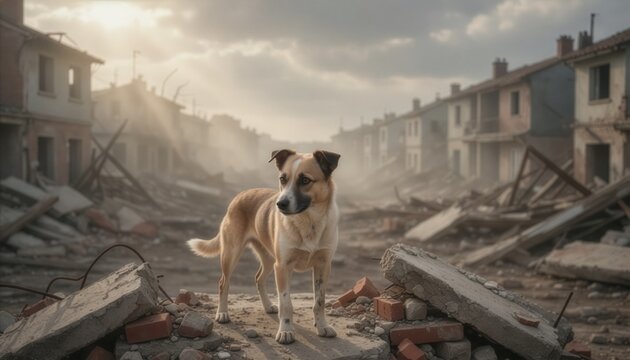 A lonely stray dog stands on concrete ruins in a heavily destroyed residential neighborhood with collapsed houses and dramatic sunlight after a big disaster