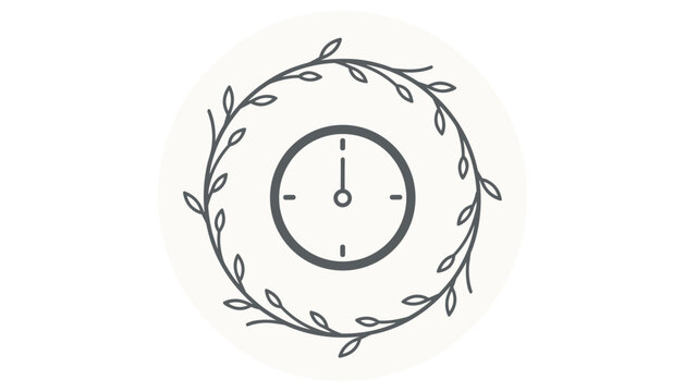 Minimalist clock showing midnight or noon enclosed within a delicate hand drawn leafy circular wreath in grayscale vector style.