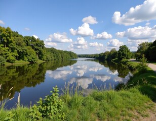 Obraz premium A serene lake surrounded by lush trees and green grass, perfect for a peaceful outdoor scene
