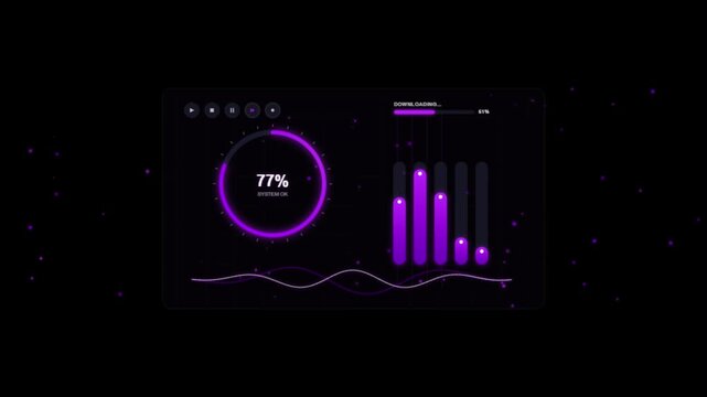 Futuristic hud interface with purple data visualization elements showing system progress on black background.