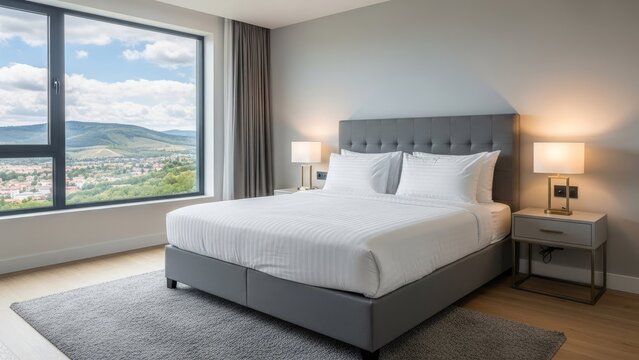 Modern hotel bedroom with king size bed and mountain view