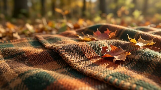 Cozy autumn picknickdecke on the forest ground with fallen leaves and warm morning sunlight
