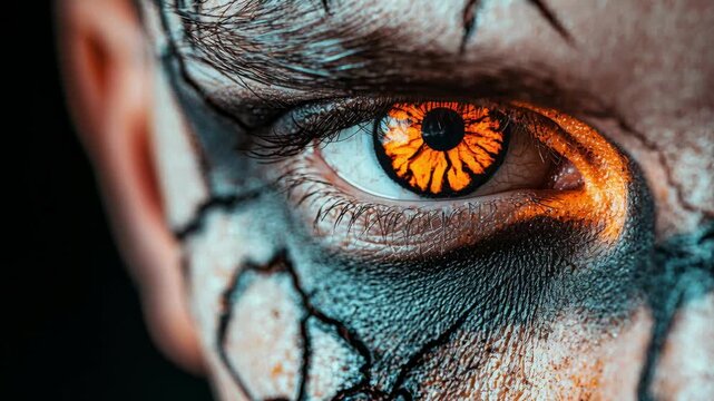 Eye with bright orange iris and black cracks on the skin at a Halloween party in an indoor setting