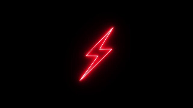 Glowing red neon lightning bolt symbol pulsing on black background, minimalist electric energy animation