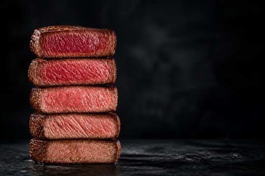 Five steaks stacked vertically, cooked to medium-rare. Rich red center contrasts with caramelized edges. Dark background emphasizes the meat's texture and color. Professional lighting enhances depth