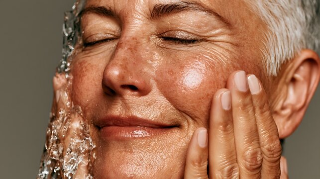 Elderly woman with gray hair washes her face