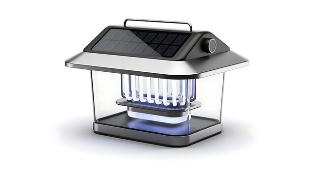 Modern solar-powered insect zapper lamp with glowing UV light on a white background.