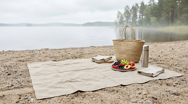 Picknickdecke on sandy beach near lake with fruit basket and thermos