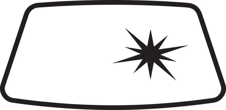 Black and white line of a car windshield with a star-shaped crack or impact point car glass cracked windshield