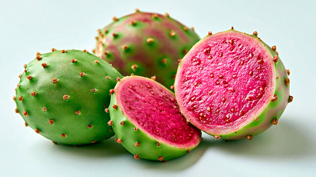 Prickly pear cactus fruit with vibrant pink flesh and green skin shown whole and sliced on a light background