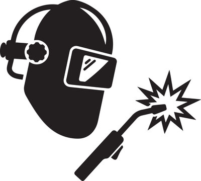 Black and white of a welder wearing a protective mask holding a torch with sparks flying welding helmet