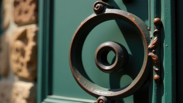 Close up of a green door handle with details