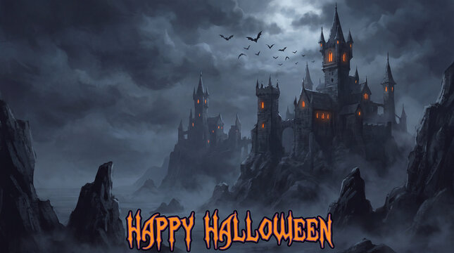 Spooky gothic haunted castle on rocky cliffs at misty night with flying bats and Happy Halloween text banner