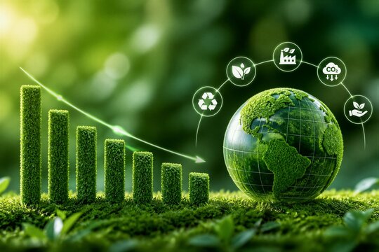 Green globe rests on lush grass, symbolizing Earth's health. Bar graph rises with grassy texture, showing growth and progress. Circular icons float above, representing sustainability and recycling
