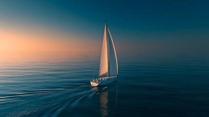 Fototapeta premium Lone sailboat moves through tranquil ocean waters