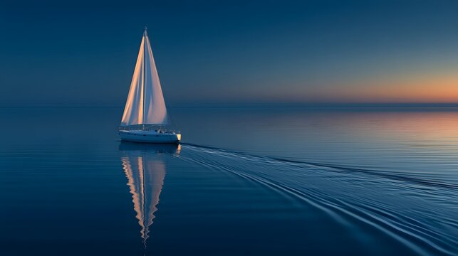 Silent sailboat cuts through glassy sea at sunset