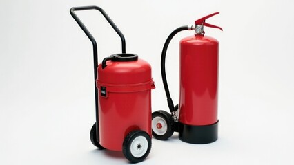 Obraz premium Two fire extinguishers with wheels on a white surface