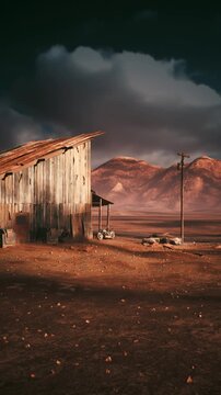 sunlit weathered barn near mountain range at dawn, golden light on wood siding, utility pole and open plain, pastoral homestead vibe with rural caretaker memory