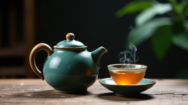 A tea pot and a cup of tea on a table, a cozy moment waiting