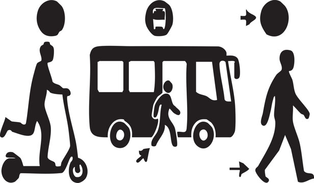Multi-Modal Transport Integration for E-Scooter Bus and Walking Vector Silhouette