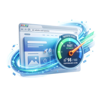 3d illustration of a website browser window with a high performance speed test gauge showing a score of 98 out of 100 isolated on transparent background