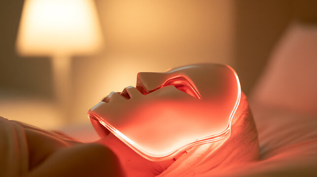 Woman relax in bed while wear red light therapy face mask for skin care treatment, youth preservation routine, wellness and beauty concept