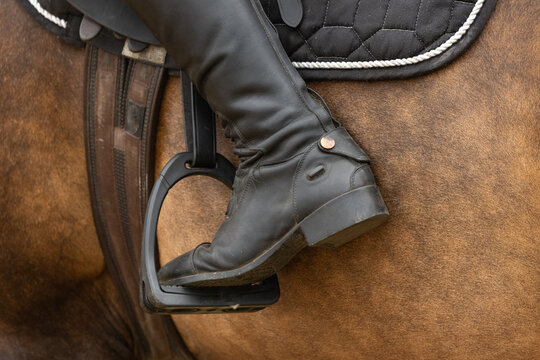 Close up of a horse rider with their foot in the stirrup with their toes pointing down and heels up. Horse riding foot position. Equestrian riding heel squeezing horse forward. 