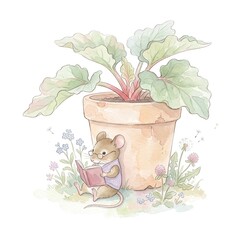 Fototapeta premium Smart little mouse wearing glasses reading book sitting large terracotta pot green plant watercolor clipart