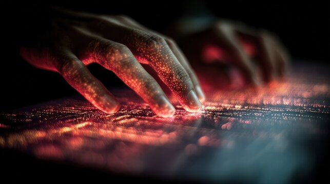 Closeup hands troubleshooting illuminated circuit board, technician using fingertips and tools to test traces, red glow highlighting contacts and pathways, intense focus and hightech repair ambiance