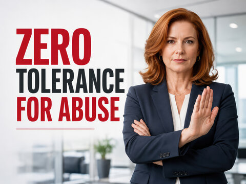 Zero Tolerance for Abuse Workplace Policy with Businesswoman Stop Gesture