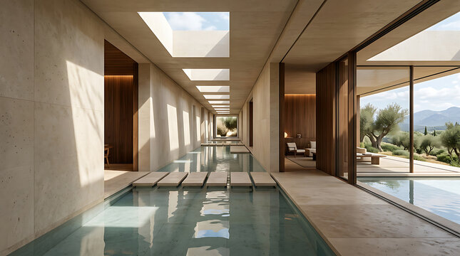 Modern luxury limestone corridor with indoor pool and natural light architectural design