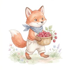 Fototapeta premium Cute baby fox wearing bandana carrying woven basket fresh raspberries summer harvest watercolor clipart