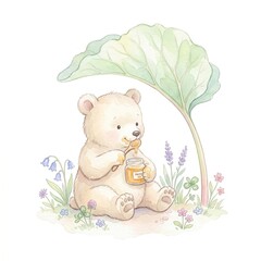 Fototapeta premium Cute baby bear eating sweet honey wooden spoon sitting under giant green leaf umbrella watercolor clipart