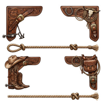 Western rodeo corner frames and lasso rope borders with cowboy gear and leather elements