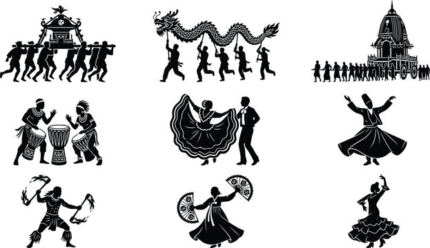 Vibrant cultural celebrations and traditional folk dances from around the world in silhouette.
