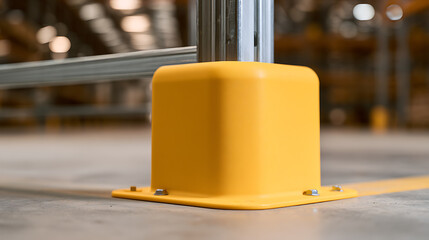 Fototapeta premium Yellow plastic rack protector guard installed on warehouse floor pillar post base for safety compliance in industrial facility setup design