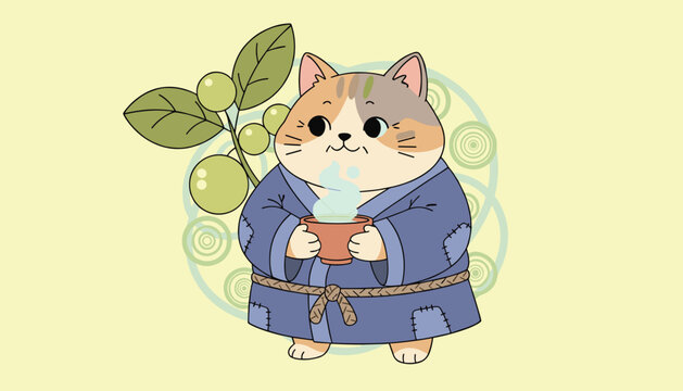 Cute chubby cartoon cat wearing a blue robe and holding a steaming cup of tea with herbal background decorations.