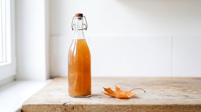 Artisanal apple cider in glass swing-top bottle, fermented kombucha on rustic wooden table, autumn beverage with dry maple leaf