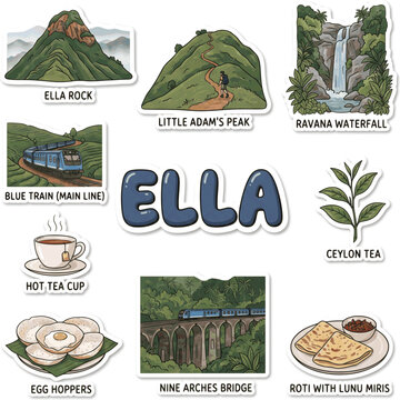 Ella Sri Lanka Cultural Landmarks and Tourist Attractions Vector Icon Sheet