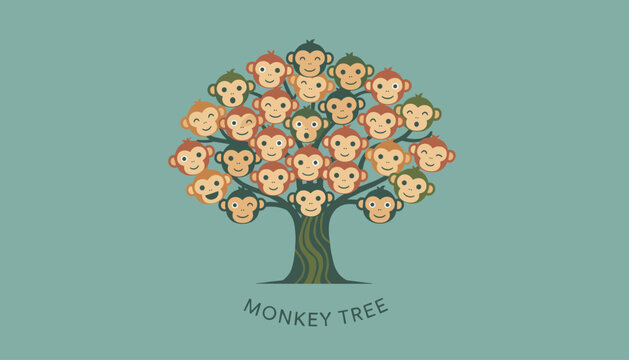 Fun conceptual logo design named Monkey Tree featuring multiple cute cartoon monkey faces as tree foliage.