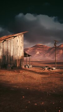 Desolate building under looming skies, Eerie outbuilding with barren porch setting, Quiet rural landscape featuring lonely shed and distant horizon