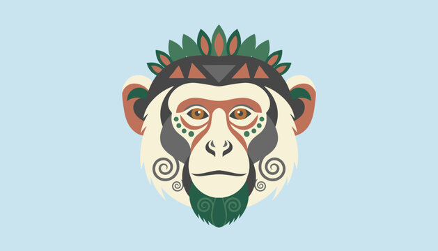 Tribal-styled chimpanzee head portrait featuring intricate green, orange, and white geometric face markings.