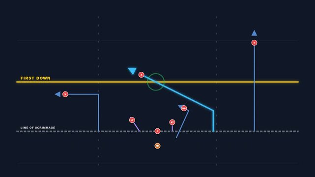 Abstract American football play diagram showing offensive strategy and player movement paths on a dark background.