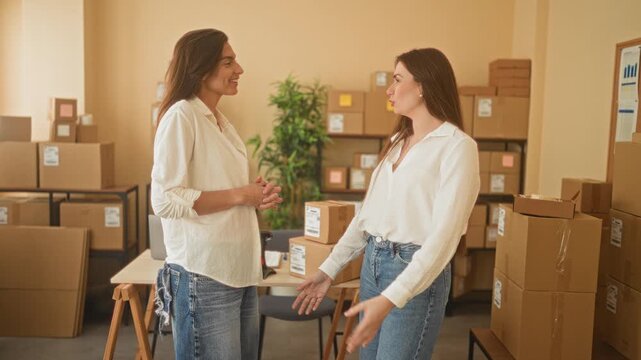Two women with packages, smiling and clasping hands while packing parcels at a small business in a building; confidence teamwork entrepreneurship.