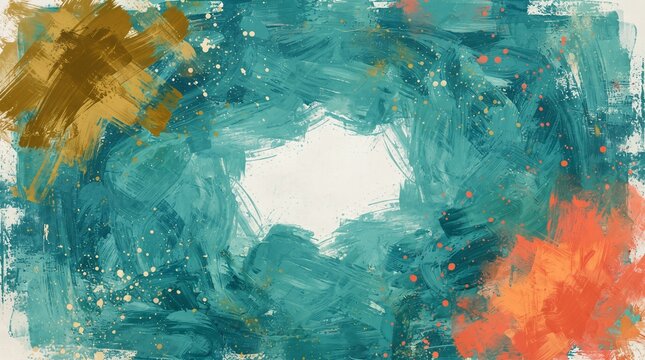 Abstract artistic background with teal brush strokes, gold accents, and coral splashes on textured canvas