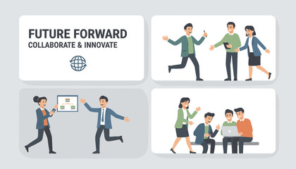 Fototapeta premium Flat vector illustration grid showcasing diverse office colleagues collaborating, presenting, and celebrating.