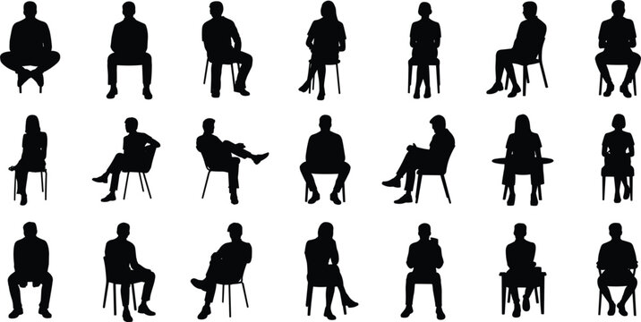 Collection of various black silhouettes of people sitting on chairs in different positions and postures, isolated on a white background, for and architectural projects
