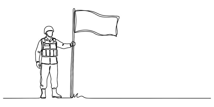 Continuous single line drawing of a soldier standing and holding a tall flag pole with a blank empty banner Vector, illustration