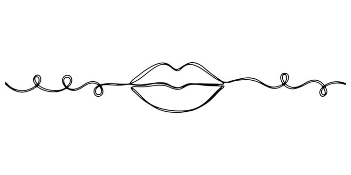 Continuous single line drawing of female lips with curly lines on the sides Vector, illustration